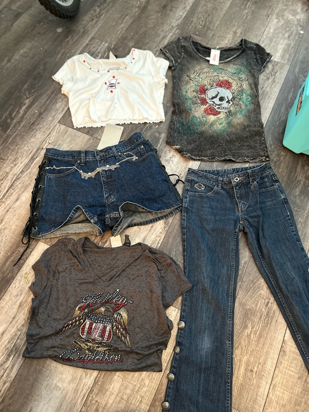 Harley Davidson, vintage lot of tops shorts, jeans, and belly chain